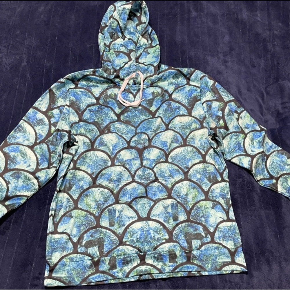 Adult Ladies Large Green Blue Mermaid Scale Print Hooded Sweatshirt Pocket